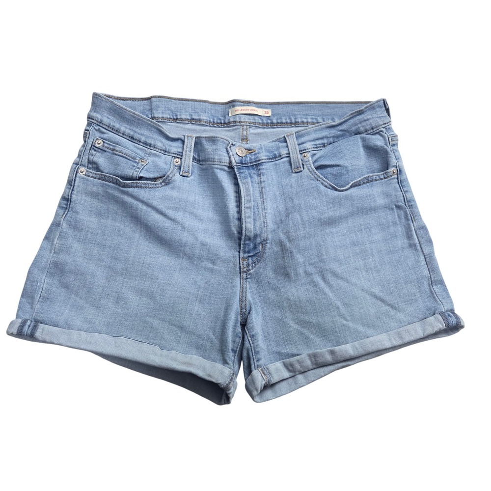 Levis Womens Mid Length Denim Jean Shorts Light Wash Cuffed Stretch W33 - Picture 1 of 3